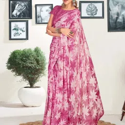 Satrani Dark Magenta & Light Pink Floral Print Saree With Unstitched Blouse image 2