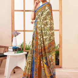 Satrani Cream & Blue Pure Cotton Printed Saree With Unstitched Blouse image 2