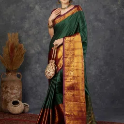 Satrani Olive Green & Dark Marron Saree With Unstitched Blouse image 2