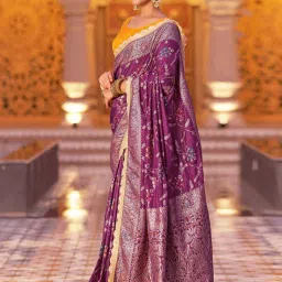 Satrani Wine & Yellow Woven Saree With Unstitched Blouse image 2