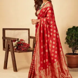 Satrani Red Woven Saree With Unstitched Blouse image 2