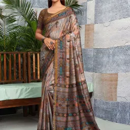 Satrani Brown & Grey Printed Saree With Unstitched Blouse image 2