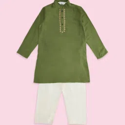 Indus Route by Pantaloons Kids Olive & White Embroidered Full Sleeves Kurta Set image 1