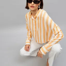 CHIMPAAANZEE Yellow & White Viscose Striped Oversized Crop Shirt image 1