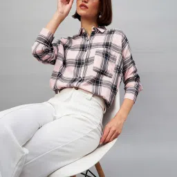 CHIMPAAANZEE Pink & Black Viscose Checks Oversized Crop Shirt image 1