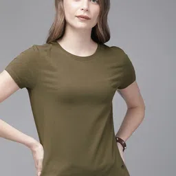 The Roadster Lifestyle Co Women Olive Green Solid Round Neck T-shirt-image-2