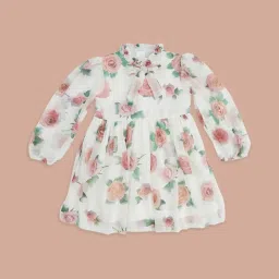 Pantaloons Junior Off-White & Pink Cotton Floral Print Full Sleeves Dress image 1