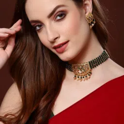 Panash Gold Plated & Green Beaded Wedding Choker Jewellery Set image 2