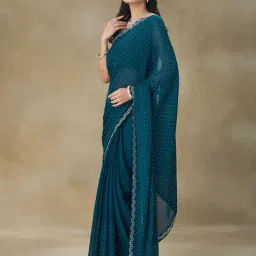 FABMORA Teal Blue Embellished Saree With Blouse image 3