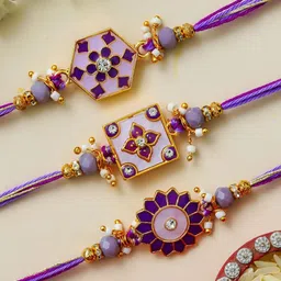 eCraftIndia Set Of 3 Stones Studded Floral Design Thread Rakhi-picture-21