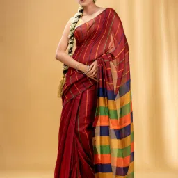 CHARUKRITI Brick Red Cotton Striped Saree With Unstitched Blouse image 1
