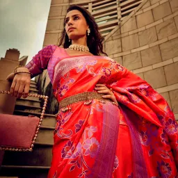 Saree Mall Red Woven Sarees With Unstitched Blouse image 2