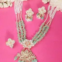 Zaveri Pearls Green Peach Multistrand Beaded Cluster Kundan Necklace Earring & Ring Set-ZPFK15831-picture-33