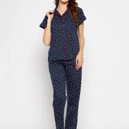 Clovia Dark Blue Cotton Floral Print Shirt With Pyjamas image 1