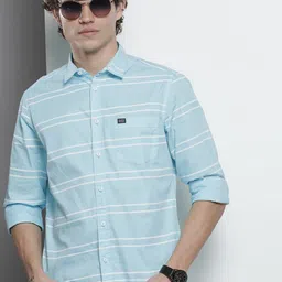 The Indian Garage Co Men Turquoise Blue Horizontal Striped Casual Shirt-image-9
