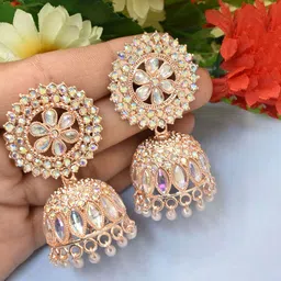 MEIRA JEWELLERY Rose Gold-Plated Artificial Stones Studded And Beaded Dome Shaped Jhumkas-picture-34