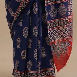 Jaipur Kurti Navy Blue Mulmul Cotton Regular Fit Print Saree image 5