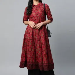 YASH GALLERY Maroon Cotton Printed Flared Kurta image 4