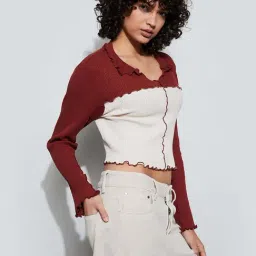 Ginger By Lifestyle Dark Orange Cotton Regular Fit Color-Block Top image 3