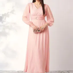 Globus Women Pink V-Neck Bishop Sleeves Smocked Fit & Flare Maxi Party Dress-picture-21