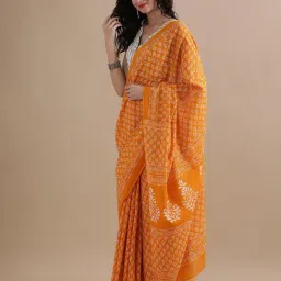 Jaipur Kurti Yellow Mulmul Cotton Regular Fit Print Saree image 3