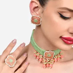 Zaveri Pearls Green Peach Multistrand Beaded Meenakari Choker Necklace Earring & Ring Set-ZPFK15835-picture-13