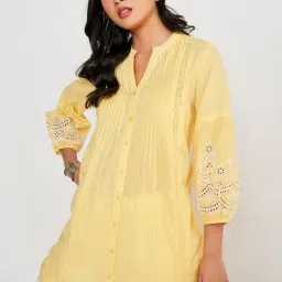 Global Desi Yellow Cotton Self Design Tunic-image-6