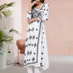 PARAMOUNT CHIKAN White & Black Hand Embroidered Chikankari Angrakha Kurta-image-31