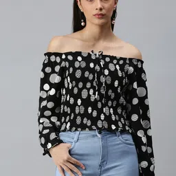SHOWOFF Black Polka Dot Print Off-Shoulder Monochrome Crepe Bardot Top-image-20
