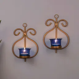 Homesake Set of 2 Gold-Toned & Blue Candle Holders With Candles-image-99