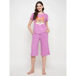 Clovia Cotton Printed Top And Basic Capri Set-purple (Set of 2) image 1