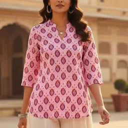 THE FAB FACTORY Print Mandarin Collar Ethnic Cotton Top-picture-33