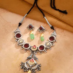 Yellow Chimes Silver Oxidised Plated Stone-Studded Jewellery Set image 4