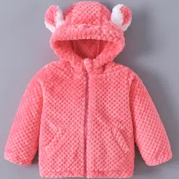 Kookie Kids Full Sleeves Hooded Winter Fur Jacket With Quilted Design & Ears Applique - Pink-picture-15