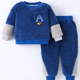 Kookie Kids Full Sleeves Cut & SewWinter Wear Sweatshirt & Lounge Pant Set with Rocket Embroidery -Blue-picture-15