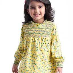 Babyhug Rayon Woven Full Peasant Sleeves Floral Printed Top with Smocking Detailing - Yellow-picture-21