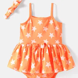 Babyhug 100% Cotton Knit Sleeveless Star Printed Frock Style Onesies with Headband & Bow Applique- Coral-image-97
