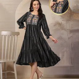 Zelena 100% Rayon Three Fourth Sleeves Stripes Printed Maternity Zipless Feeding Dress With Nursing Access & Pockets - Black-picture-37