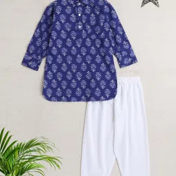 The Magic Wand Cotton Full Sleeves Floral Printed Kurta With Pyjama Set - Blue-picture-22