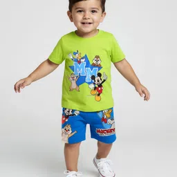 Babyhug Disney Single Jersey Knit Half Sleeves T-Shirt & Shorts Set With Mickey Mouse Family Graphics - Neon Green & Blue-picture-15