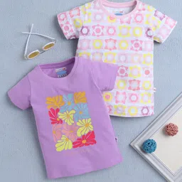 BUMZEE Cotton Pack Of 2 Half Slevees Floral Printed Tees - Lavender & Multi Colour-picture-22