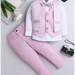 Fourfolds Cotton Full Sleeves Geometric Printed 3 Piece Party Suit With Bow Set - Pink-picture-17