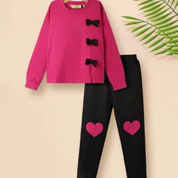 Tiara Pure Cotton Knit Full Sleeves Bow Applique Detailed Top & Heart Patch Embroidered Leggings Set - Pink-image-29