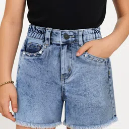 arias by lara dutta Arias Cotton Woven Knee Length Washed Shorts With Stretch & Hearts Studs -Blue-picture-41