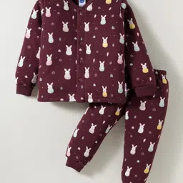 Teddy Fleece Knit Full Sleeves Winter Wear Night Suit With Animal Print - Wine-picture-38