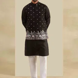 SOJANYA Geometric Embroidered Band Collar Straight Kurta With Pyjama & Nehru Jacket-picture-7