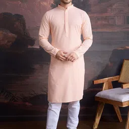 House of Pataudi Floral Embroidered Mandarin Collar Chikankari Straight Kurta With Pyjamas-picture-46
