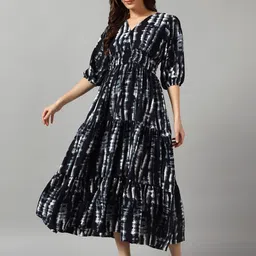 Raiyani Fashion Abstract Printed V-Neck Puff Sleeves Fit & Flare Midi Dress-image-40