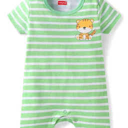 Babyhug Interlock Knit Half Sleeves Striped & Animal Printed Rompers Pack Of 2 - Green & Grey image 2