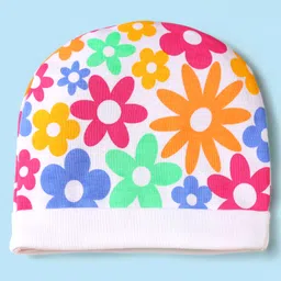 Babyhug 100% Cotton Interlock Knit Cap Mittens & Booties Set With Floral Print White - Diameter 15 cm image 2